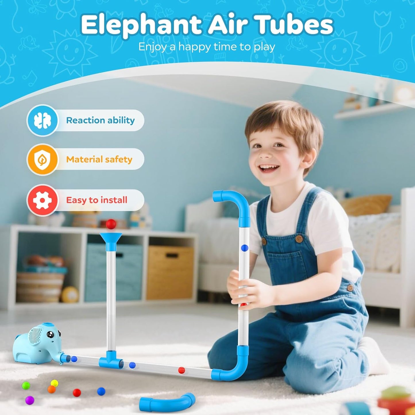 STEM Air-Powered Building Toys for Kids Ages 3 4 5 6 7 8+– Educational Air Tubes Toy& Turbine Set with 30 Foam Balls – Rechargeable Construction Kit for Boys & Girls – Fun Science Gift for Teens