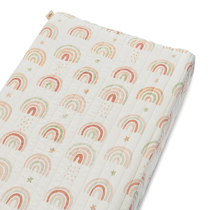 Crane Baby Quilted Changing Pad Cover, 100% Cotton Sateen, 16 X 32, Secure Elastic Fit, Machine Washable, Pink Rainbow Nursery Decor for Girls