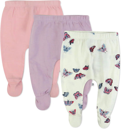 HonestBaby 3-pack Footed Pants Roomy Fit Pull on Bottoms 100% Organic Cotton for Infant Baby Boys, Girls, Unisex