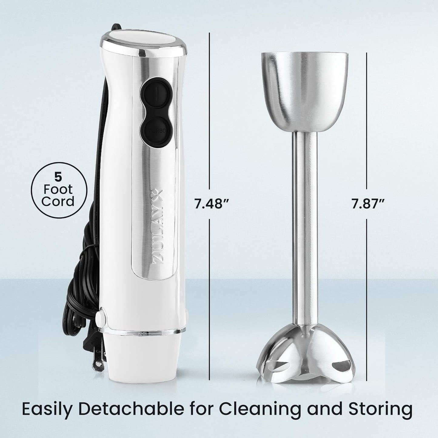 Zulay Immersion Stick Mixer Hand Blender - 800 Watts, Turbo Mode, 5-ft Power Electric Cord