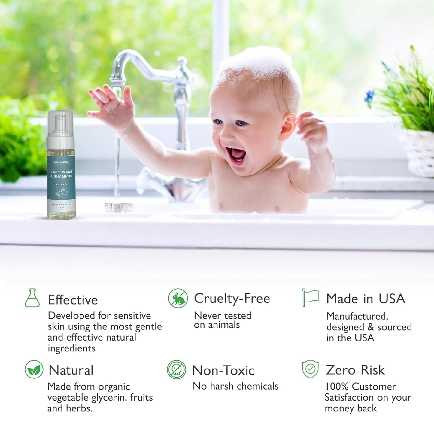 SoCal Suds & Company Gentle Botanical Baby Wash for Sensitive Skin - 2-in-1 Organic Foaming Shampoo