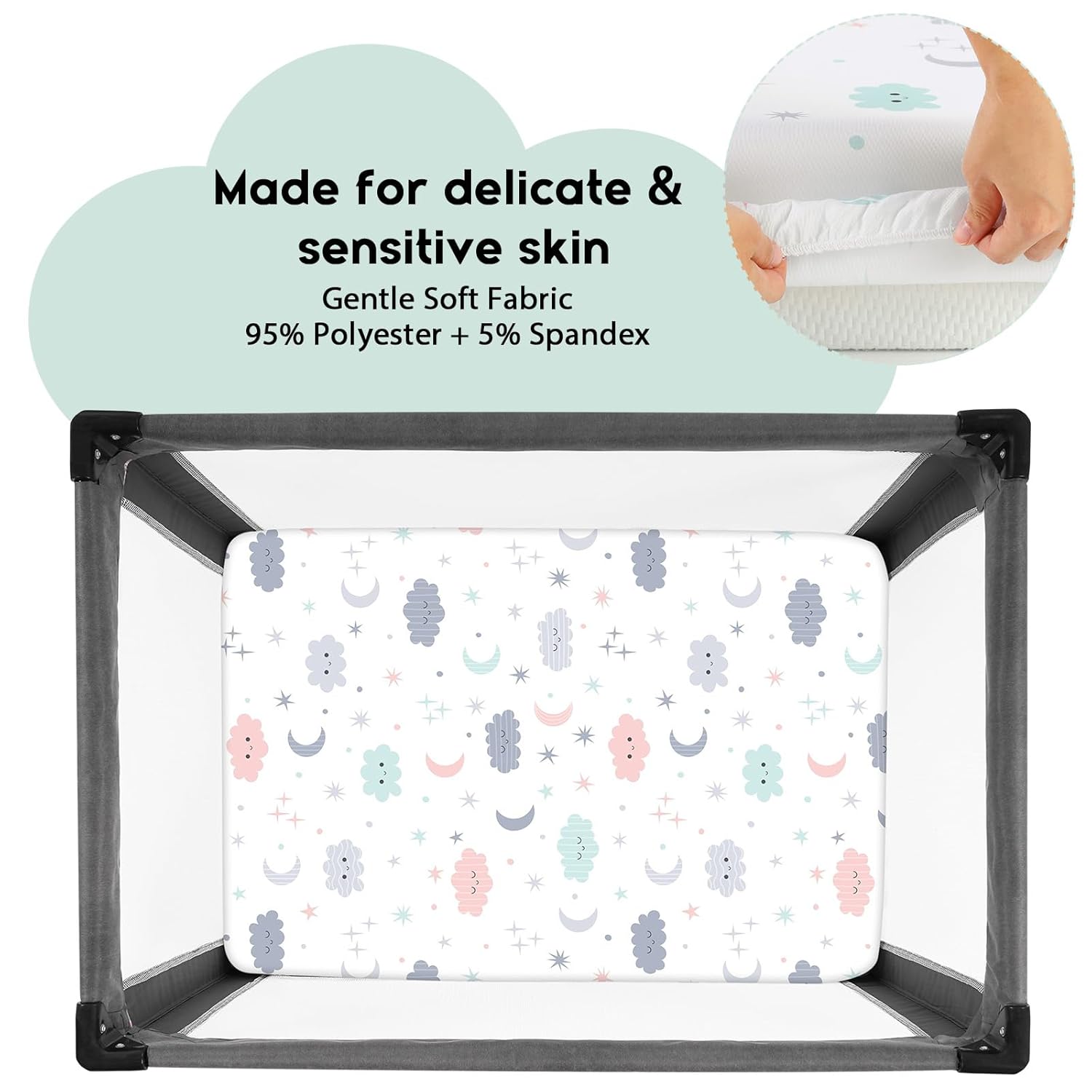Yoofoss Pack and Play Sheets Fitted, Mini Crib Sheets 2-Pack for Pack N Play Mattress, Stretchy