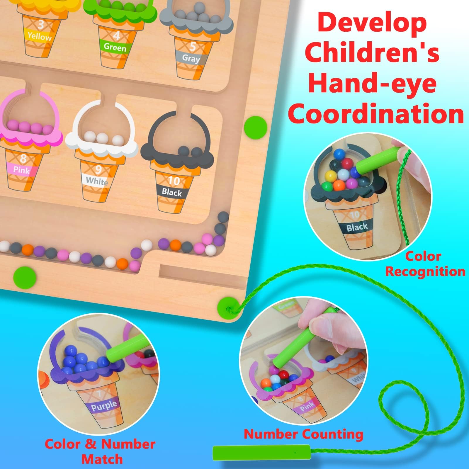 MTYOKILN Magnetic Color & Number Maze - Montessori Wooden Color Matching Learning Counting Puzzle