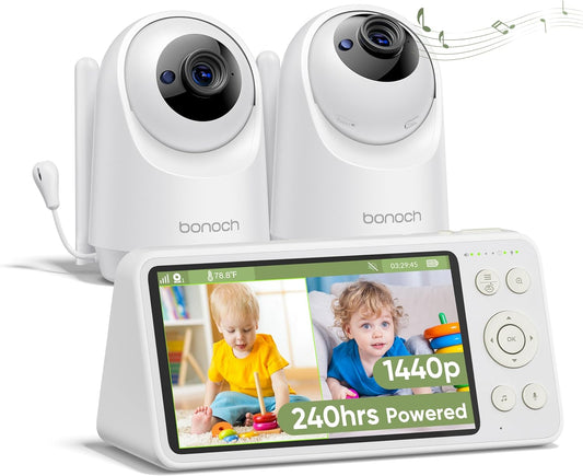 bonoch 5.5" 1440p Baby Monitor with 2 Cameras, Dual Video Monitor with Split Screen, Smart No WiFi Baby Camera, Detect Sleep Turn Over/Cry/Motion, 240h Lasting, WPA3 Hack Proof, White Noise