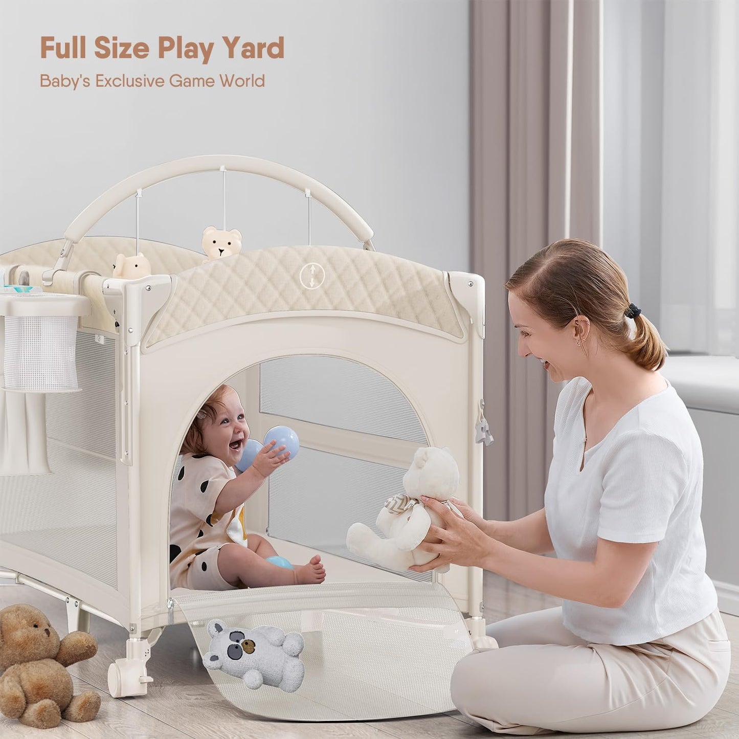 4 in 1 Baby Bassinet, Pack and Play, Bedside Crib Sleeper, Diaper Changer - Comes with Mattress, Mosquito Net，Bottom Storage and Toy Bar for Newborn to Toddles