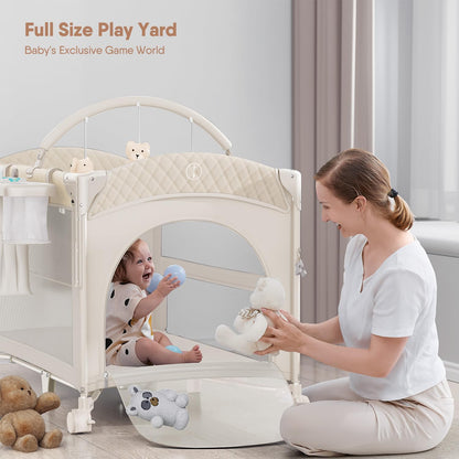 4 in 1 Baby Bassinet, Pack and Play, Bedside Crib Sleeper, Diaper Changer - Comes with Mattress, Mosquito Net，Bottom Storage and Toy Bar for Newborn to Toddles