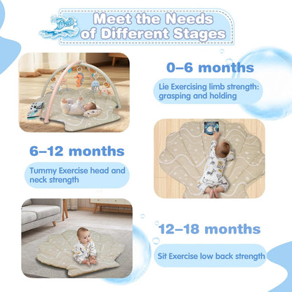 Baby Play Mat, Oversize Shell Tummy Time Mat with 6 Detachable Baby Activity Toys, Baby Gyms & Playmats for Babies 0-6 Months, Baby Mat for Floor Newborn Baby Shower Gifts (Beige)
