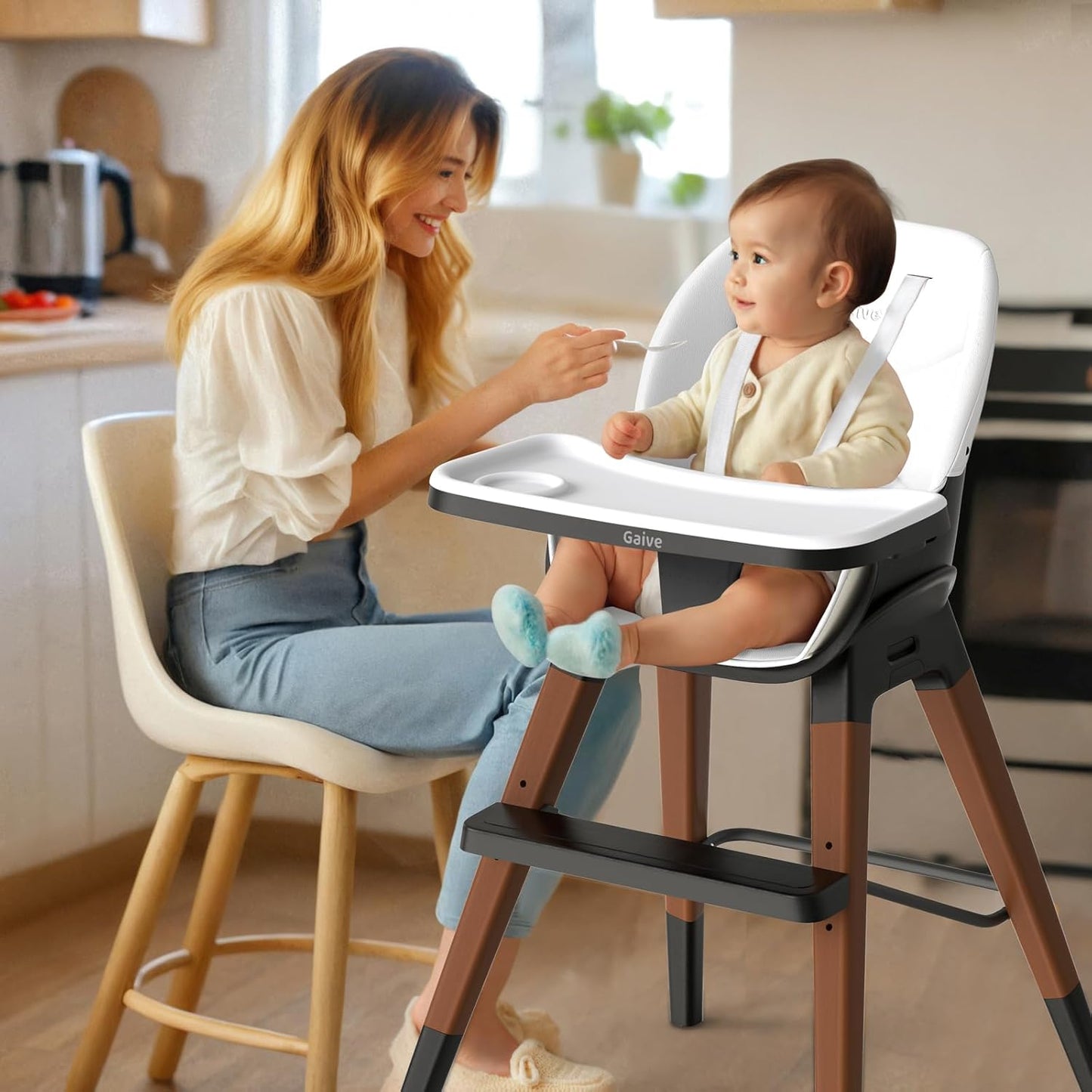 8 in 1 Highchair, Convertible Wooden Baby High Chair with Tray, Adjustable High Chair for Babies