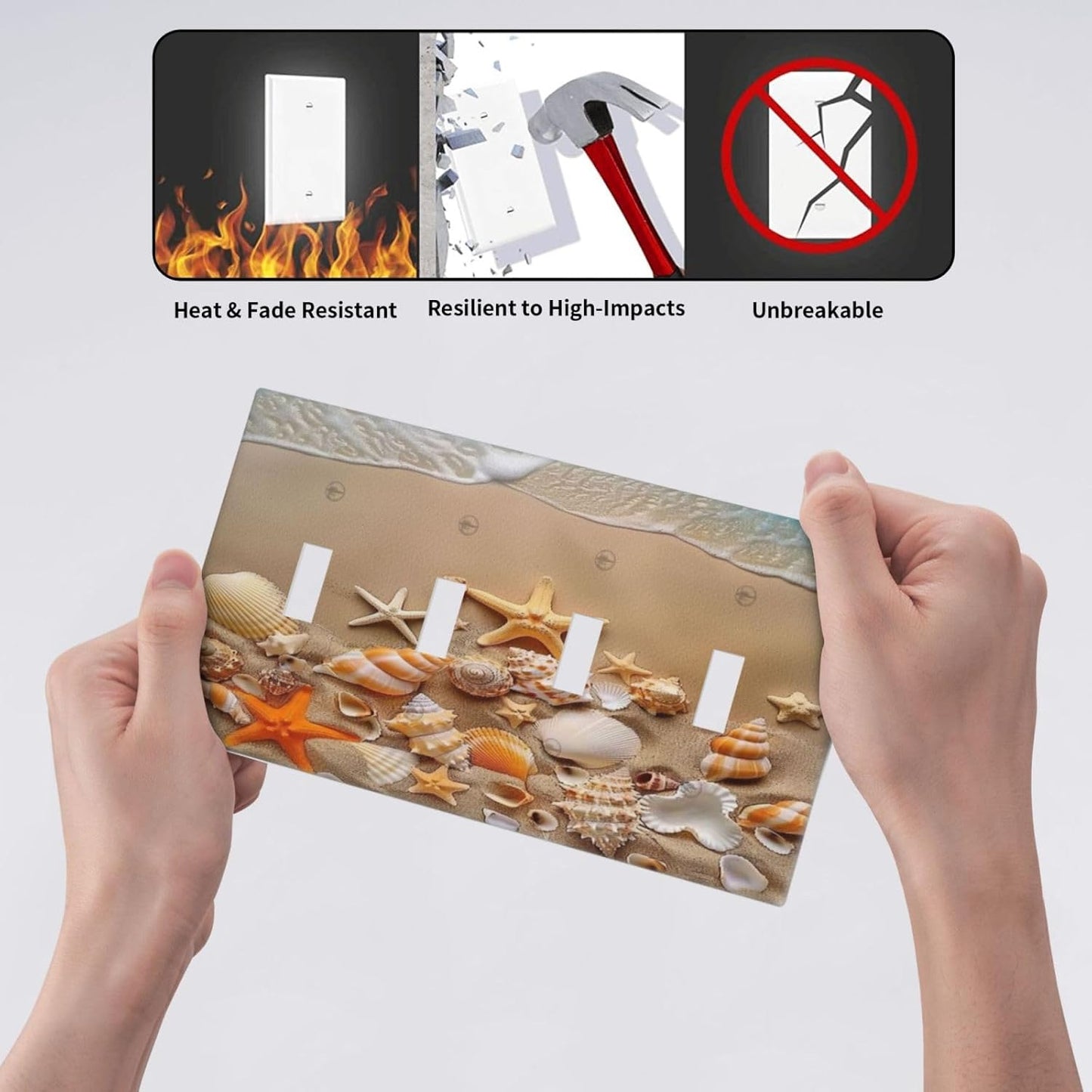 Decorative Switch Covers Plate Beachy Sea Ocean Seashell Starfish 4 Gang Artistic Wall Plate Unique Quad Toggle Light Switch Plate Jumbo Faceplate for Bathroom Bedroom Home Decor