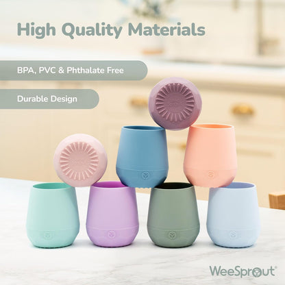 WeeSprout Silicone Baby Training Cups - Set of 2 Soft Silicone Cups - 2 oz Open Cup for Baby 6+ Months - Non-Slip Grip, Weighted Base - Gentle on Gums & Teeth (Matte Blue & Matte Green)