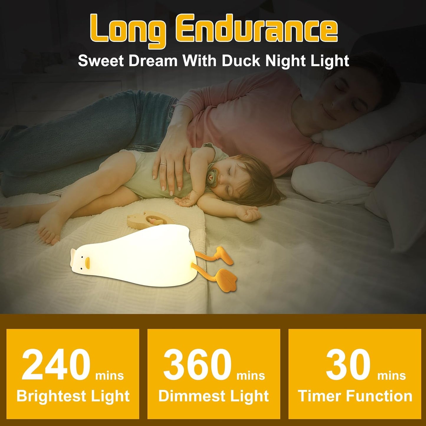 Cute Duck Night Light, Rechargeable Fun Lying Flat Duck Lamp, LED Squishy Animal Novelty Lamp, 3-Level Dimmable Nursery Nightlight for Kids Breastfeeding, Teen Boy Girl Bedside Decor
