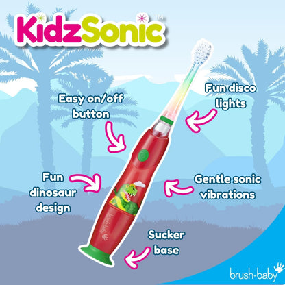 Brush‑Baby - KidzSonic Dinosaur Kids Electric Toothbrush for Ages 3+ with Disco LED Lights, Gentle