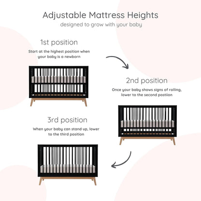 dadada Baby Soho 3-in-1 Convertible Wooden Crib to Toddler Bed - Made in Italy, GREENGUARD Gold Certified, Baby-Safe Finish, Sustainable Beech Wood, Modern Design, 3 Adjustable Heights (Black/Natural)