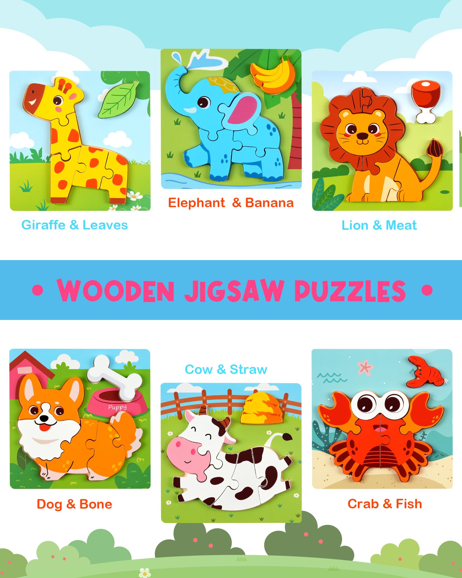 YUNCHY Wooden Puzzles for Toddlers 1-3, 6pcs Animal Jigsaw Puzzles for Toddlers, Montessori