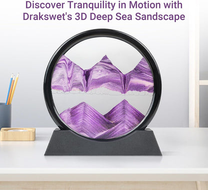 Drakswet Moving Sand Art Liquid Motion，Moving Sand Art Picture-3D Deep Sea Sandscape，Round Glass Frame Display Flowing Sand Relaxing Desktop Home Office Work Decor (Purple)