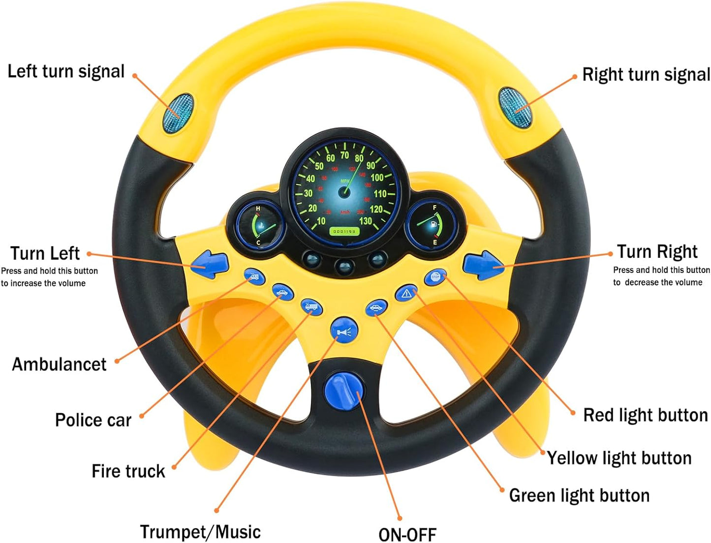 deAO Kids Steering Wheel for Backseat with Car Key Pretend Driving Simulated Driving Steering Wheel Toy with Light and Music Gifts for Kids (Yellow)