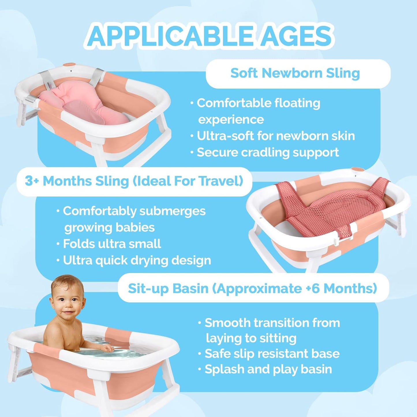 BEBELEH™ Collapsible Baby Bathtub – Bathtub + Baby tub Sling + Newborn Sling – Baby Bathtub Newborn