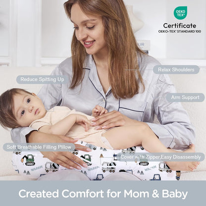 Little Grape Land Nursing Pillow for Infants, Breastfeeding Pillows, Baby Support Pillow for Nursing, Bottle Feeding, Tummy Time with Machine Washable Cover & Breathable Filling (Construction Truck)