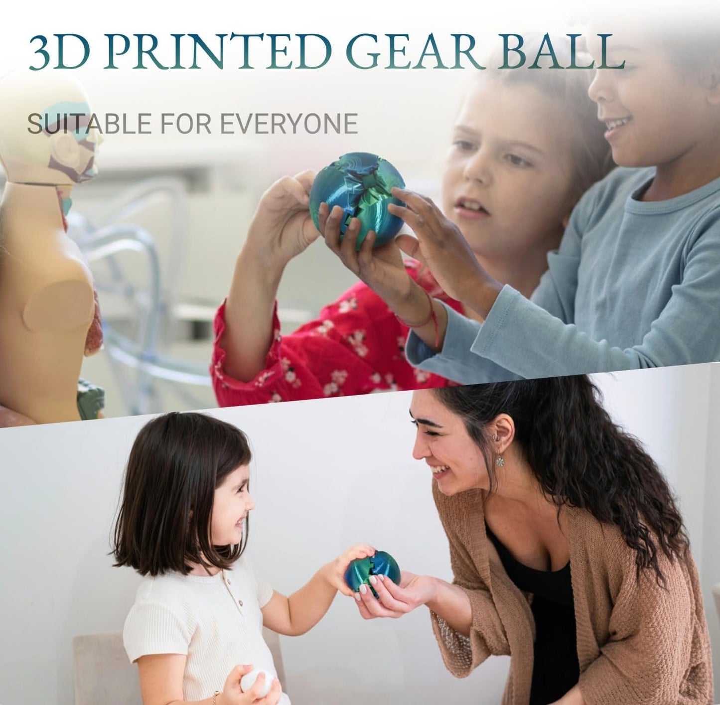 3D Printed Gear Ball, Gear Sphere Fidget Toy Stress Relif Toy for ADHD, Anxiety Relaxing Toy for Adults at Work/Study/Travel, Twisted Blue-Green