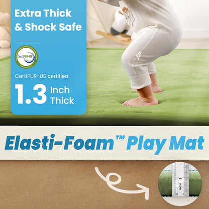 Ultra Soft Baby Play Mat,1.3" Thick Elasti-Foam Tummy Time Mat for Infants,Toddlers,Kids,Water-Repellent Coral Fleece Nursery Rug,Non-Slip Safe for Crawling&Hardwood Floors(Olive Green)