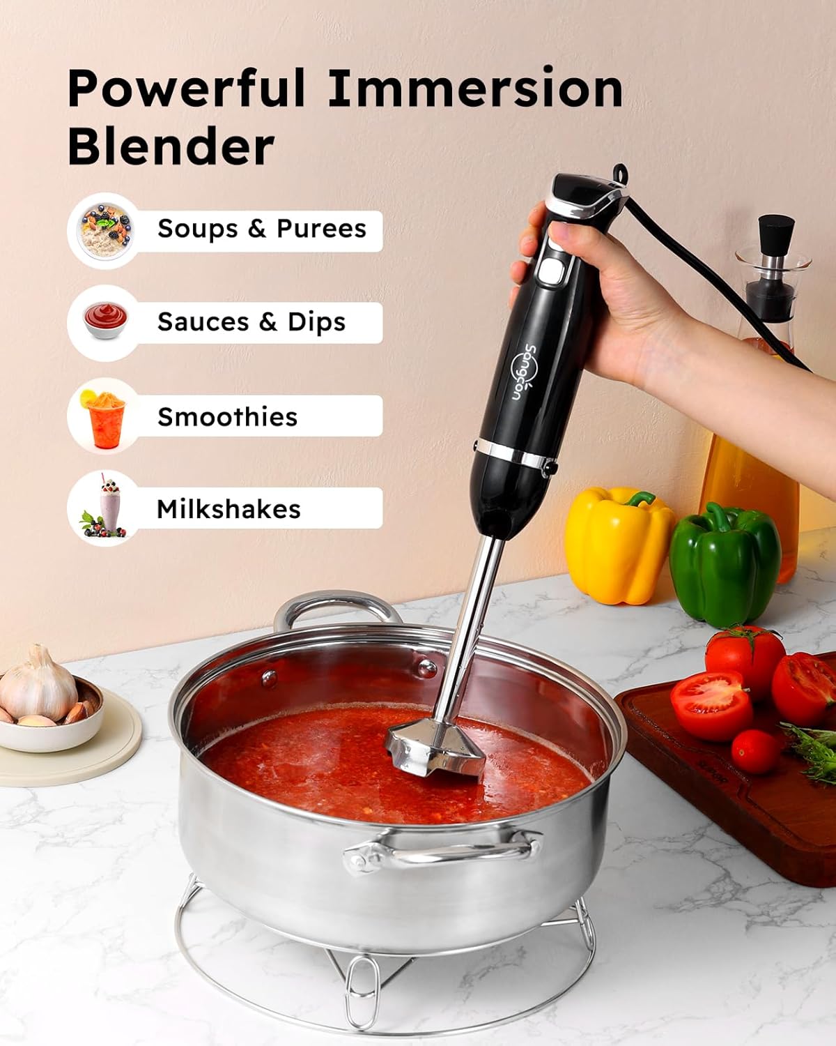 Sangcon 6-in-1 Immersion Blender Handheld, Hand Blender with Chopper & 34oz Blending Cup Storage