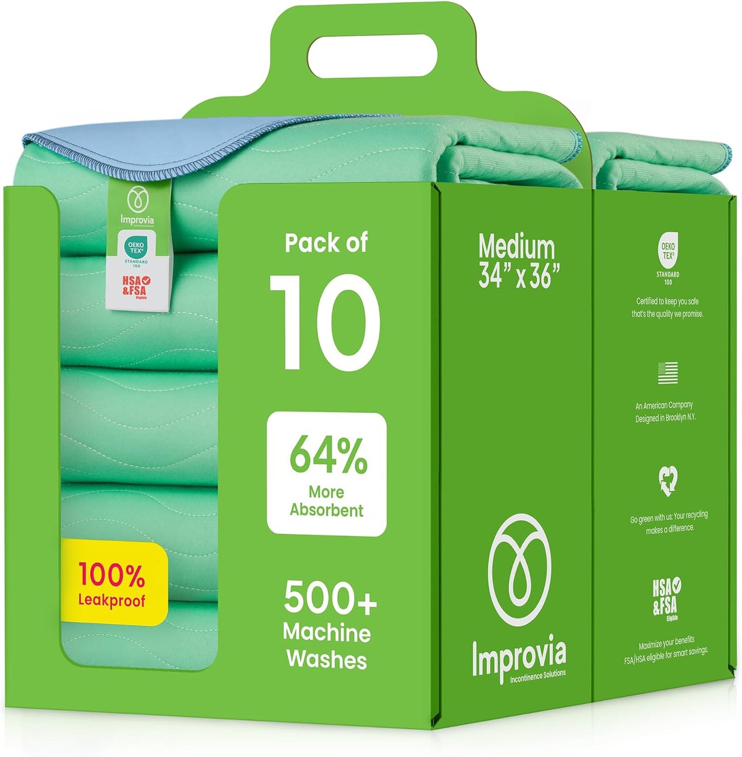 IMPROVIA® Washable Underpads, 34" x 36" (Pack of 10) - Heavy Absorbency Reusable Bedwetting