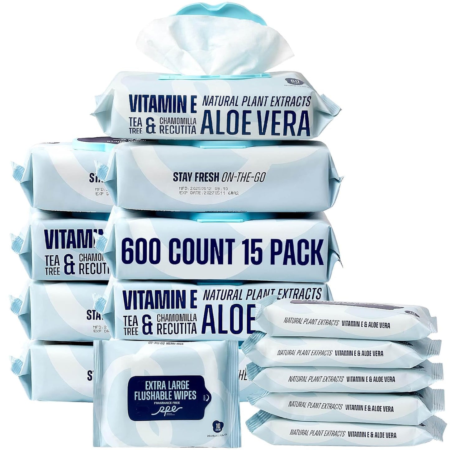 Flushable Wet Wipes - 9 Large & 6 Travel Packs (600 Ct) - XL Unscented Body & Hand Wipes with Vitamin E & Aloe - For Adults, Kids & Children - All-in-One for Home, Bathroom, Car & On-the-Go Freshness