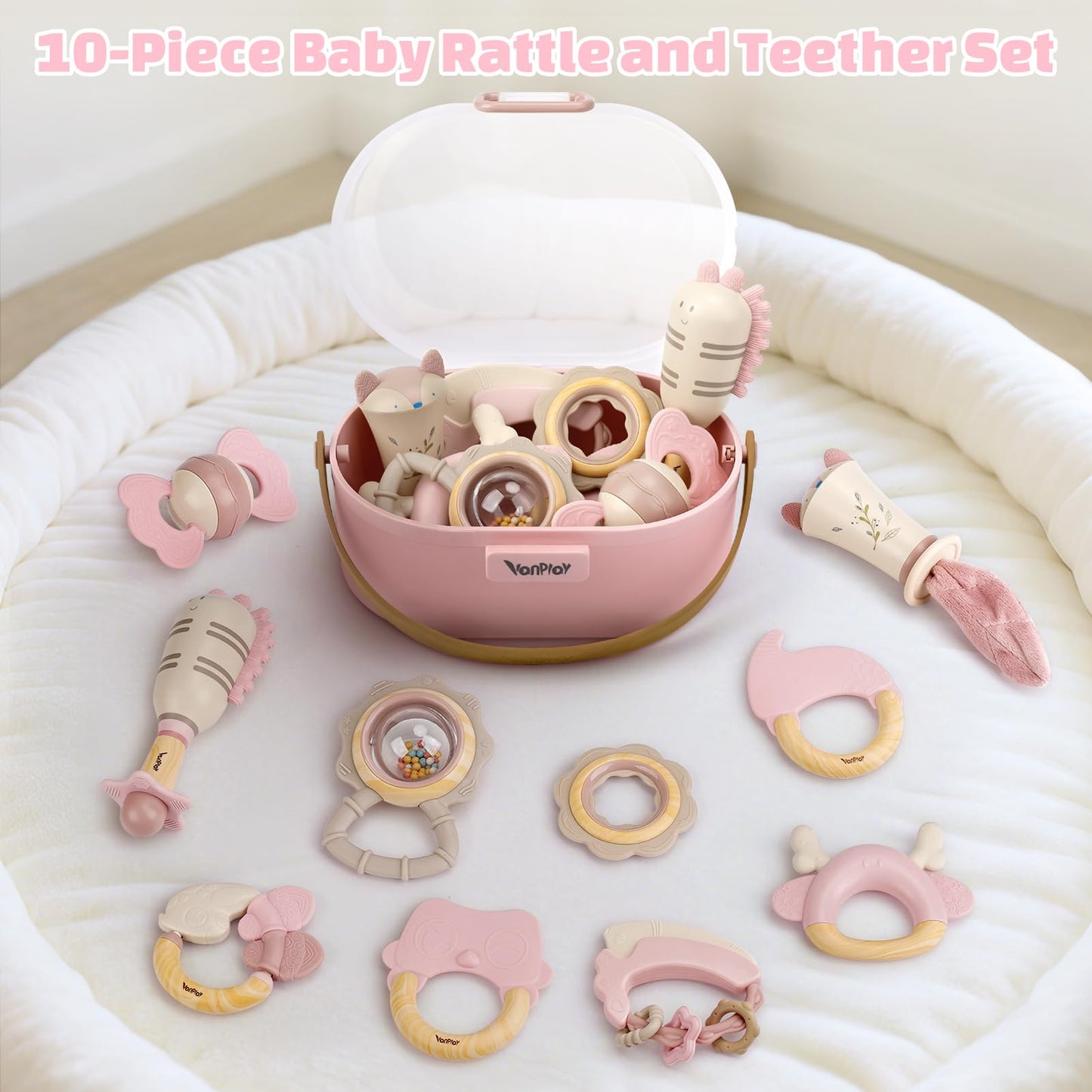 Baby Toys 0-6 Months, Baby Rattles, Teething Toys 3-6 Months, Infant Toys 6-12 Months, 10PCS Pink