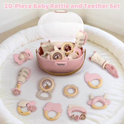 Baby Toys 0-6 Months, Baby Rattles, Teething Toys 3-6 Months, Infant Toys 6-12 Months, 10PCS Pink