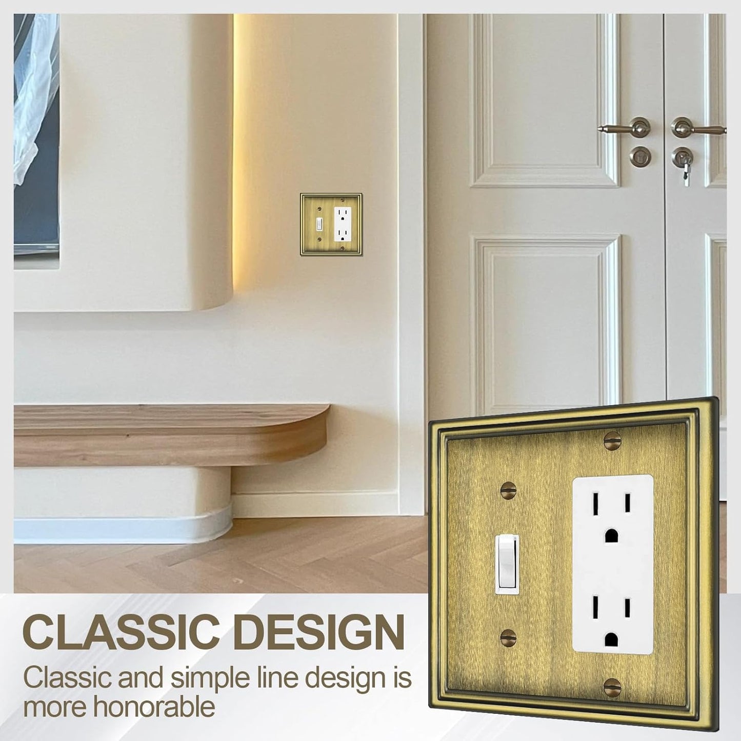 Combination Metal Light Switch Covers Wall Plate, 1 Toggle/1 Decorator Switch Plate Outlet Covers Antique Brass Decorative 2 Gang Wall Plate - Classic Style, 3 Pack