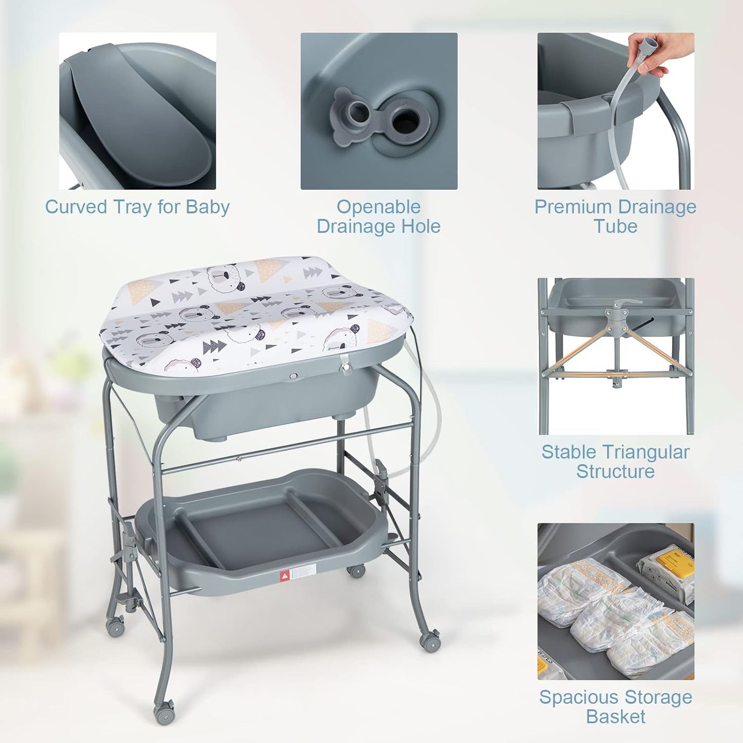 HONEY JOY Baby Changing Table with Bathtub, Foldable Infant Diaper Changing Station with Wheels
