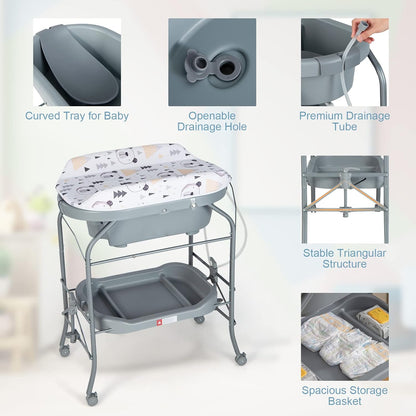 HONEY JOY Baby Changing Table with Bathtub, Foldable Infant Diaper Changing Station with Wheels