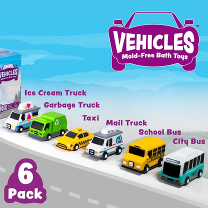 Tub Works® Vehicles™ Bath Cars Mold Free Bath Toys, 6 Pack | Sealed, No Hole Bath Toys Design Keeps