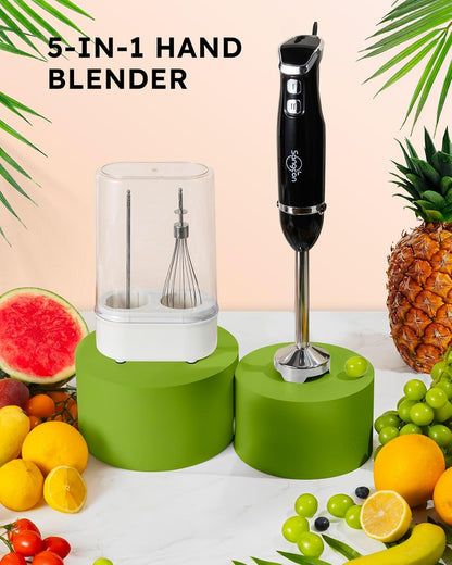 Sangcon 5-in-1 Immersion Blender Handheld, Hand Blender with 1000ml Blending Cup Storage Base