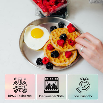 Children's 304 Stainless Steel Four (4) Piece Plate Set, 21 cm, Matte Finish, Plates for Kids, Toxin Free Stainless Steel Dinnerware Set, Non-Divided Plates, 100% BPA Free
