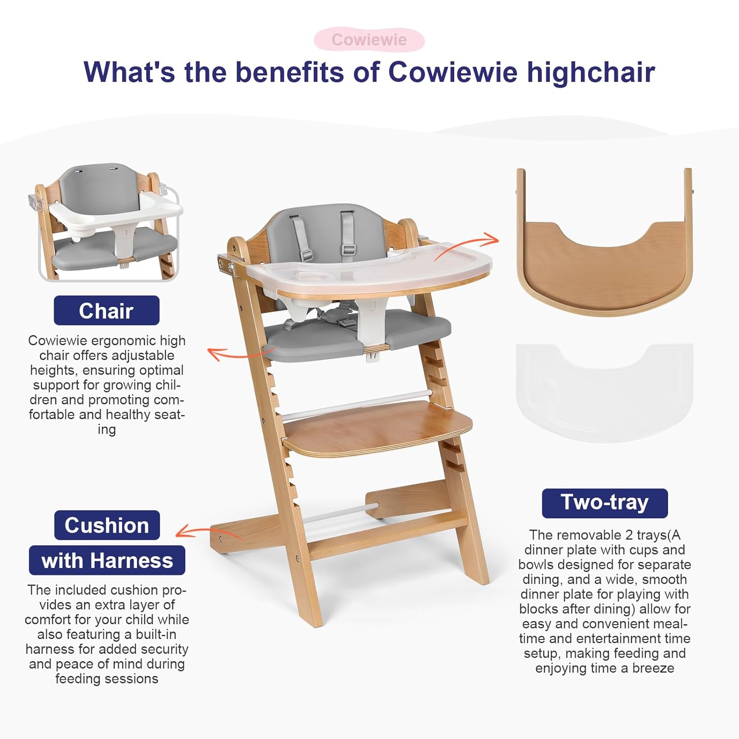 Cowiewie 3-in-1 Convertible Natural Wooden High Chair for Babies & Toddlers 3-Tier Remove & 2