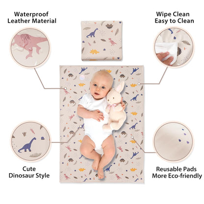 Vegan Leather Baby Changing Mat - Wipeable Portable Changing Pad, Foldable Travel Changing Mat for Baby, Newborns Toddlers Shower Gifts (Dinosaur,20"*28")