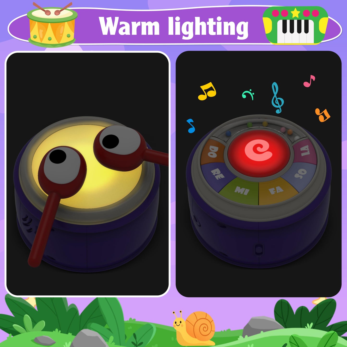 Ciesa 3 in 1 Musical Toddler Toys for 1-3 Year Old, Pull Along Snail Toy with Baby Piano and Light