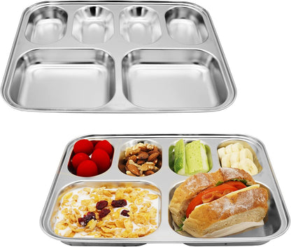 Korean Stainless Steel Divided Plates, Food Grade 304 Tray for Kids, Teens, Adults, Picky Eaters, BPA Free, 6 Sections, Diet Portion Control, Serving Platter, Dinner Snack, Set of 2