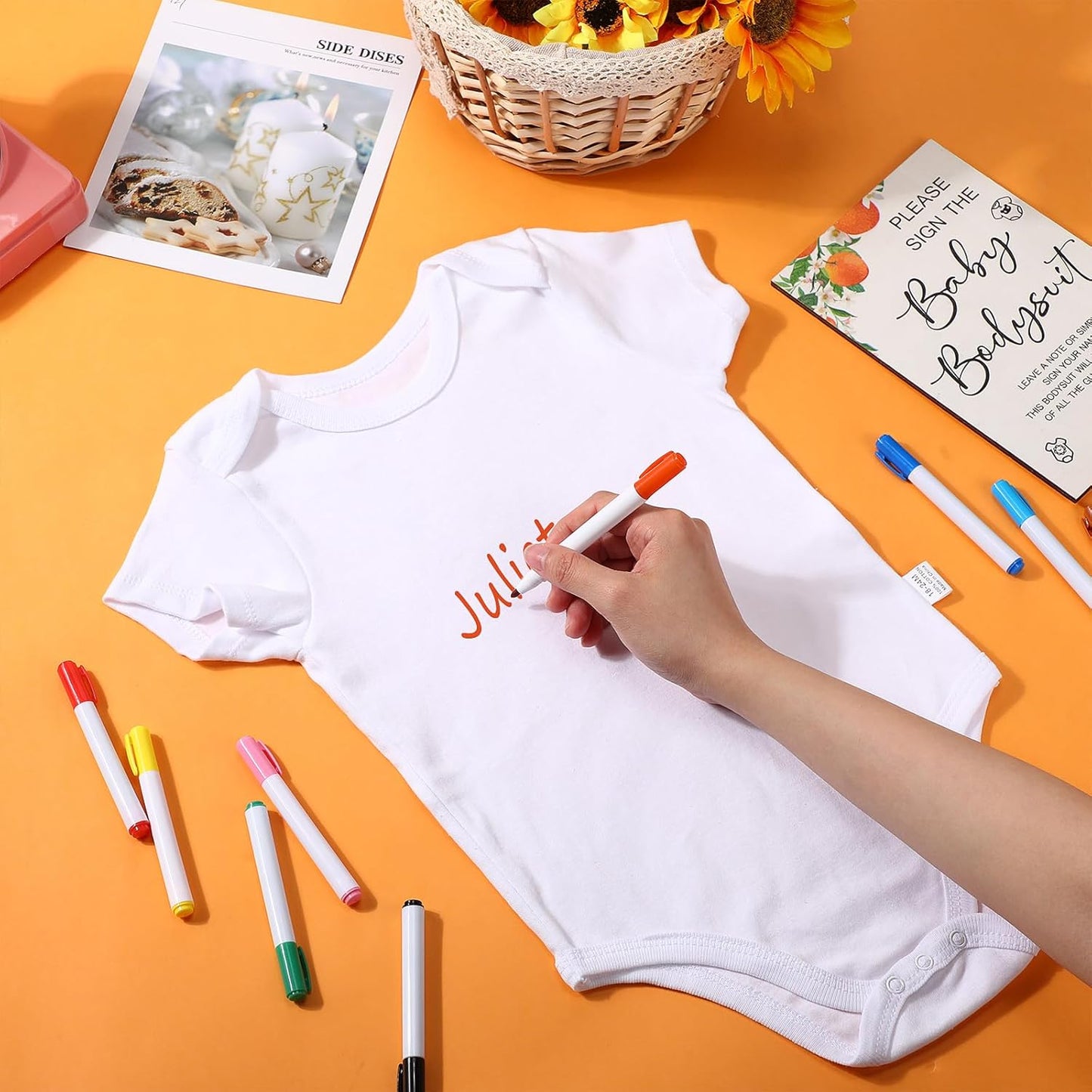 Qunclay 12 Pcs Baby Bodysuit Baby Shower Game Include 1 Game Wooden Sign Tabletop Decor 1 White Blank Newborn Bodysuit 10 Fabric Marker for Gender Reveal Party(Orange)