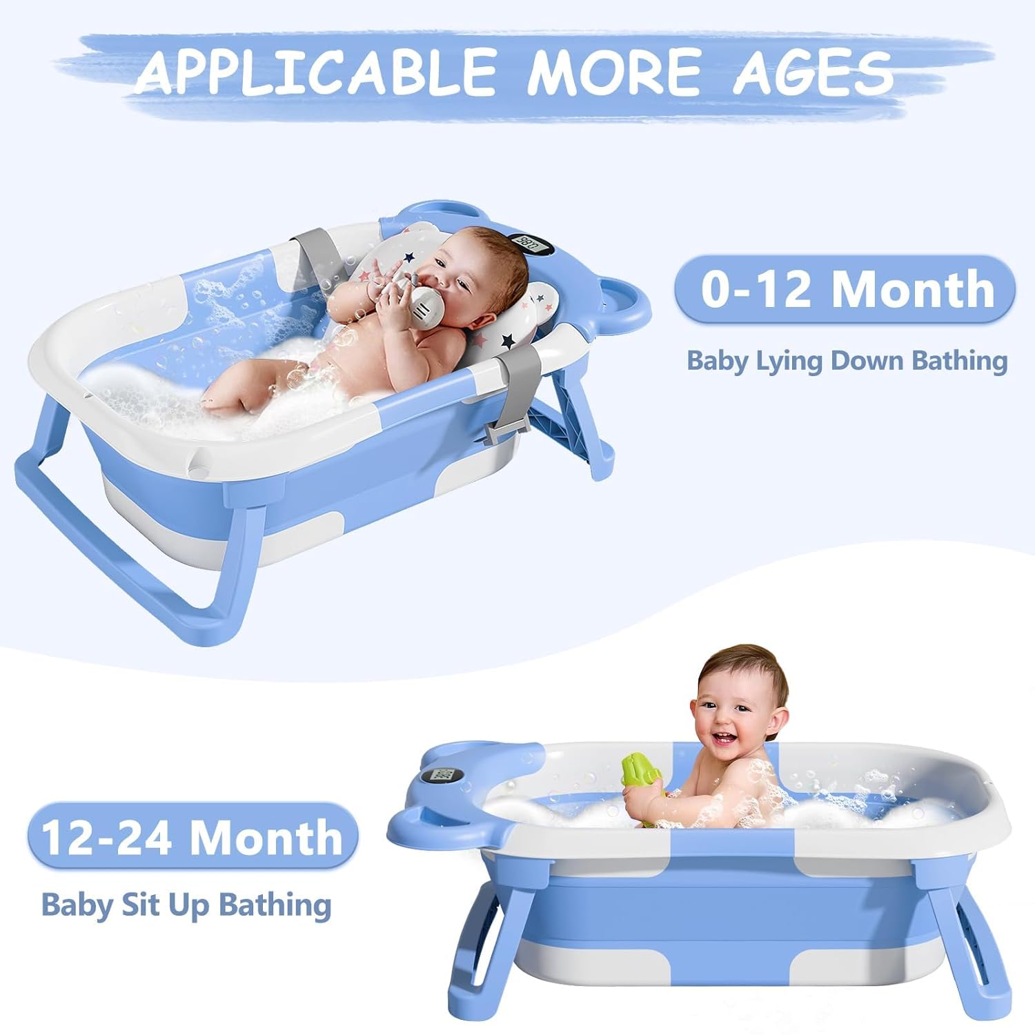 TPN Collapsible Baby Bathtub, Baby Bath Tub with Soft Cushion & Real-Time Thermometer, Baby Bathtub