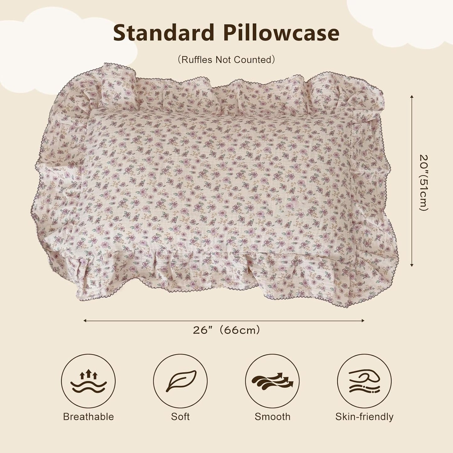 BuLuTu Purple Flower Print Kids Pillow Cases 20"x26" Fit for Standard Size Pillow, Soft Lightweight Muslin Pillow Cover 100% Cotton Floral Print Children Pillowcases with Ruffles, 1 pc