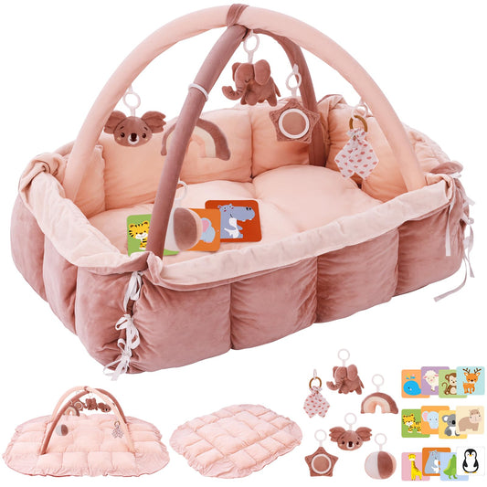 5-in-1 Plush Baby Play Gym, Baby Play Mats, Convertible Baby Gym, Tummy time mat, 6 Sensory Toys
