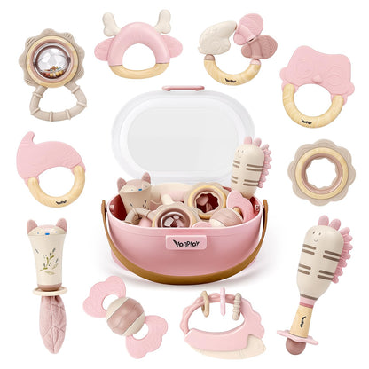 Baby Toys 0-6 Months, Baby Rattles, Teething Toys 3-6 Months, Infant Toys 6-12 Months, 10PCS Pink