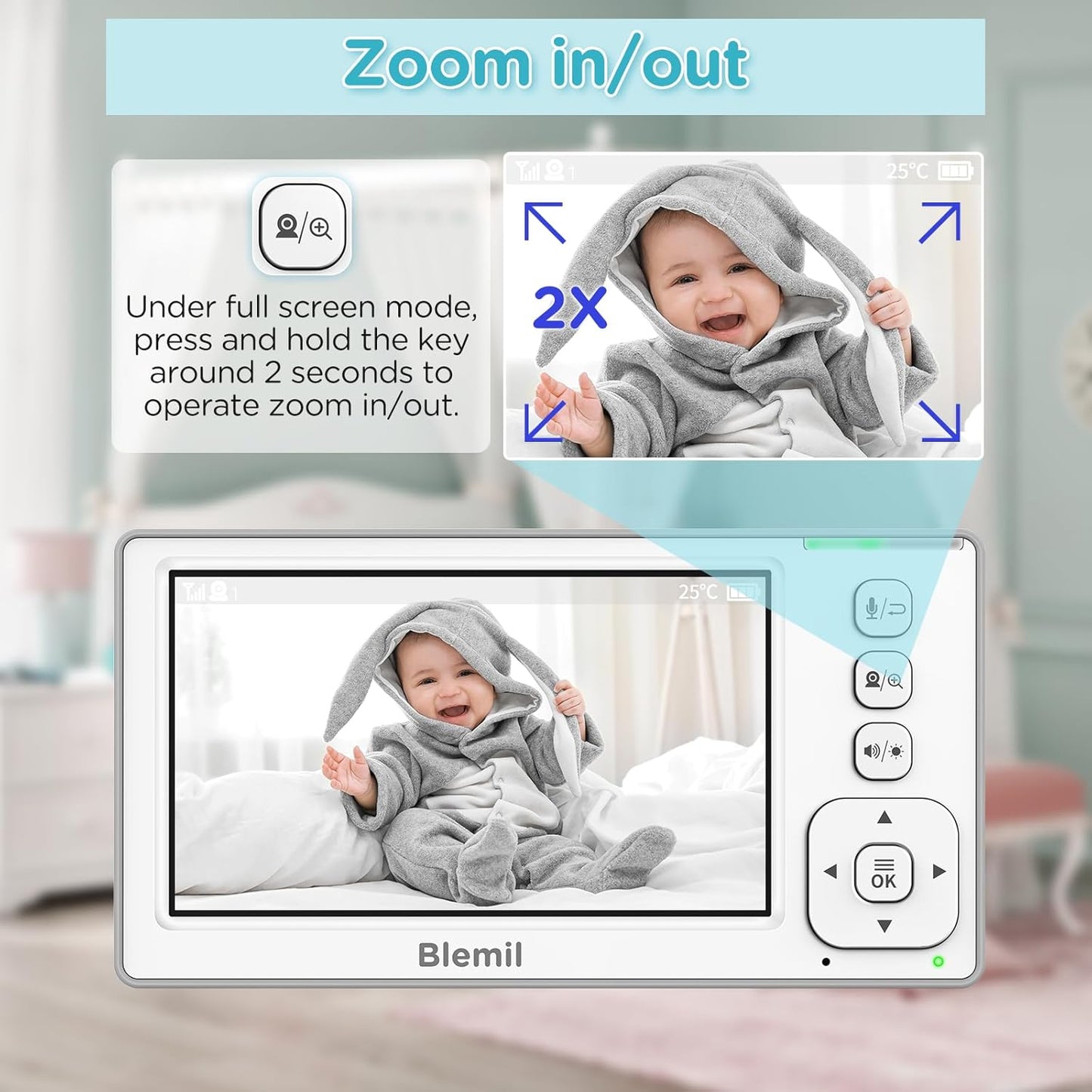 Baby Monitor with 2 Cameras and Audio, 4.3'' IPS Split-Screen Monitor with 29-Hour Battery, 1000ft Range Pan-Tilt-Zoom Video Baby Monitor No WiFi, 2X Zoom