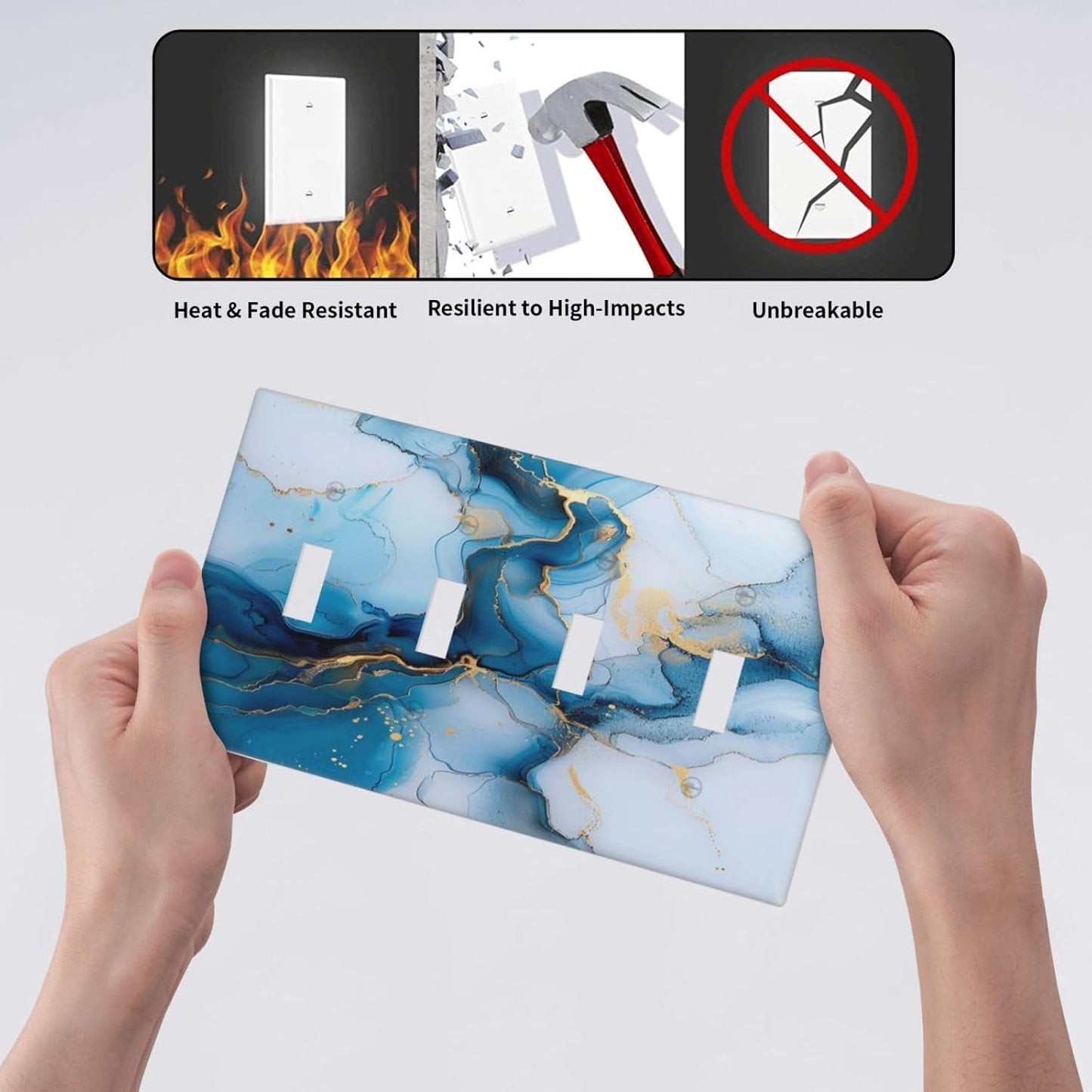 Decorative Switch Covers Plate Modern Abstract Blue Gold Line Marble 4 Gang Artistic Wall Plate Unique Quad Toggle Light Switch Plate Jumbo Faceplate for Kitchen Bedroom Home Decor