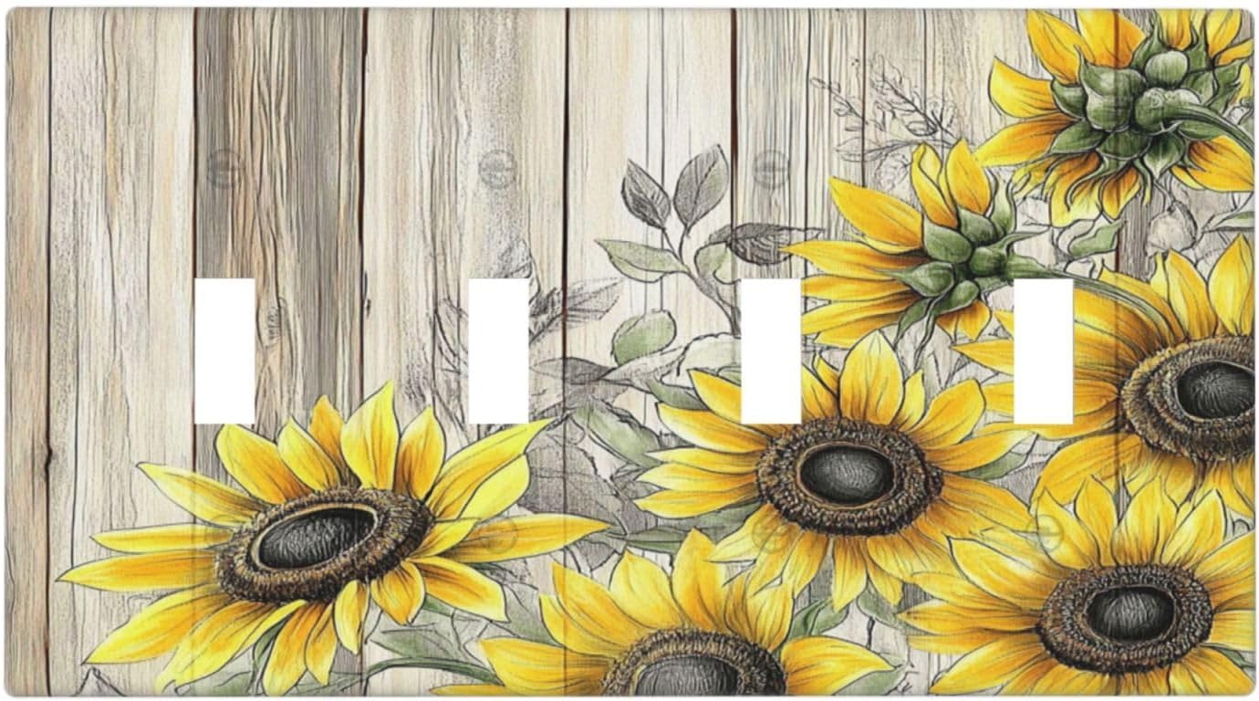 Light Switch Covers Floral Sunflower Rustic Flower Vintage Wood Quad Toggle Electrical Faceplate 4