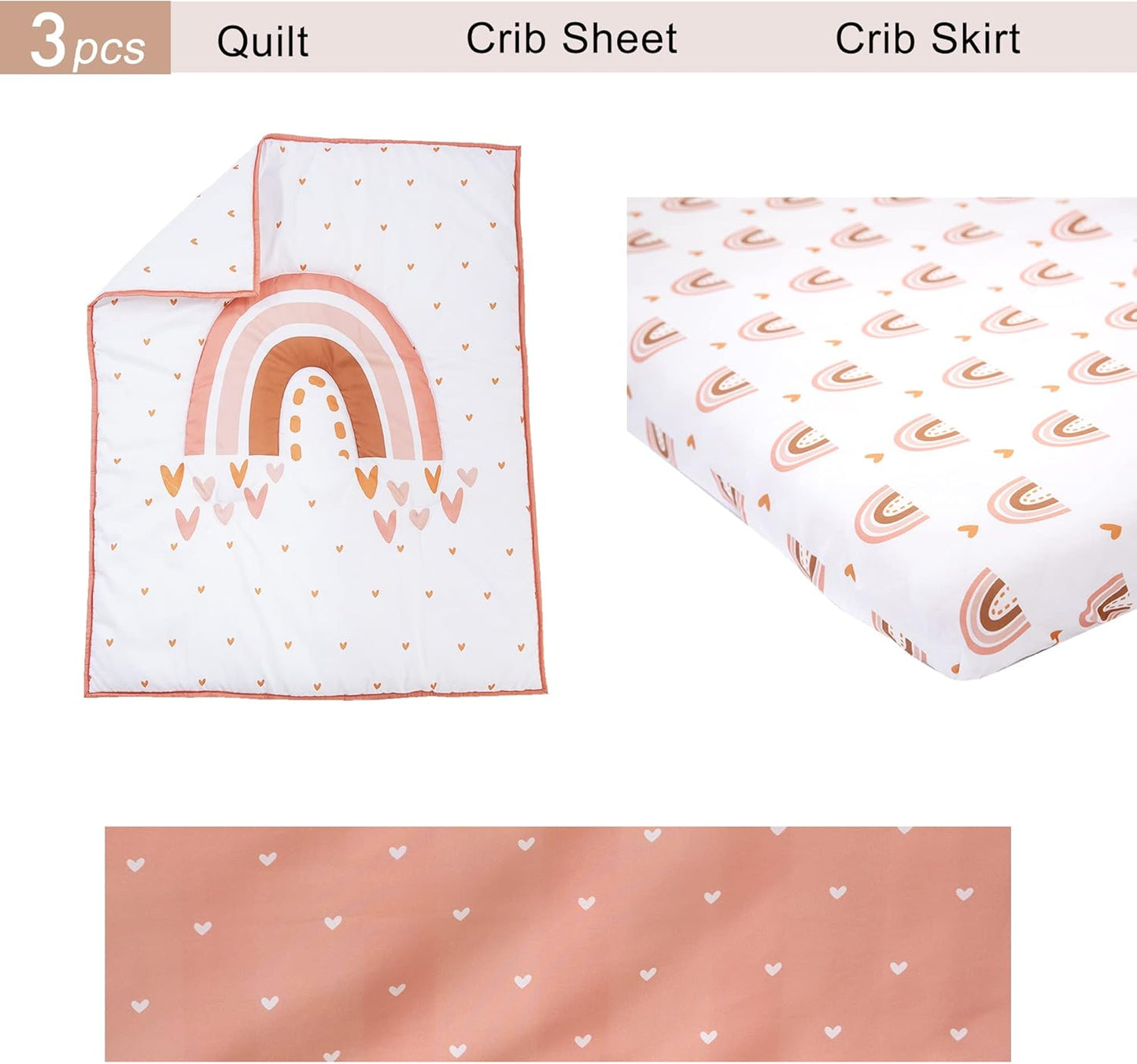 3 Piece Rainbow Boho Crib Bedding Set - Standard Size Nursery Bedding for Boys and Girls with Crib
