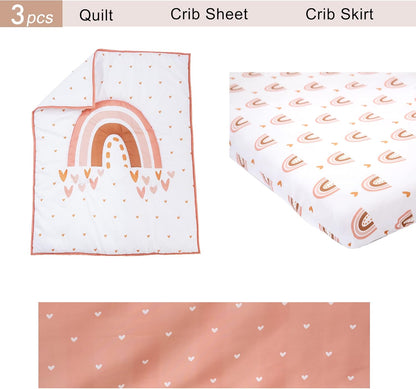 3 Piece Rainbow Boho Crib Bedding Set - Standard Size Nursery Bedding for Boys and Girls with Crib