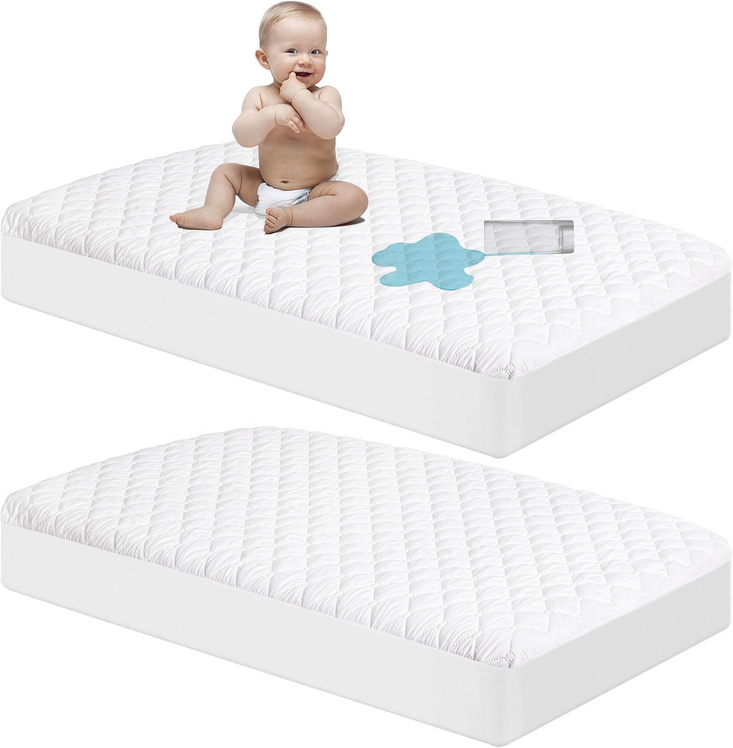 NTBAY 2 Pack Waterproof Crib Mattress Protector, Quilted 28"x52" Toddler Fitted Sheet - Machine